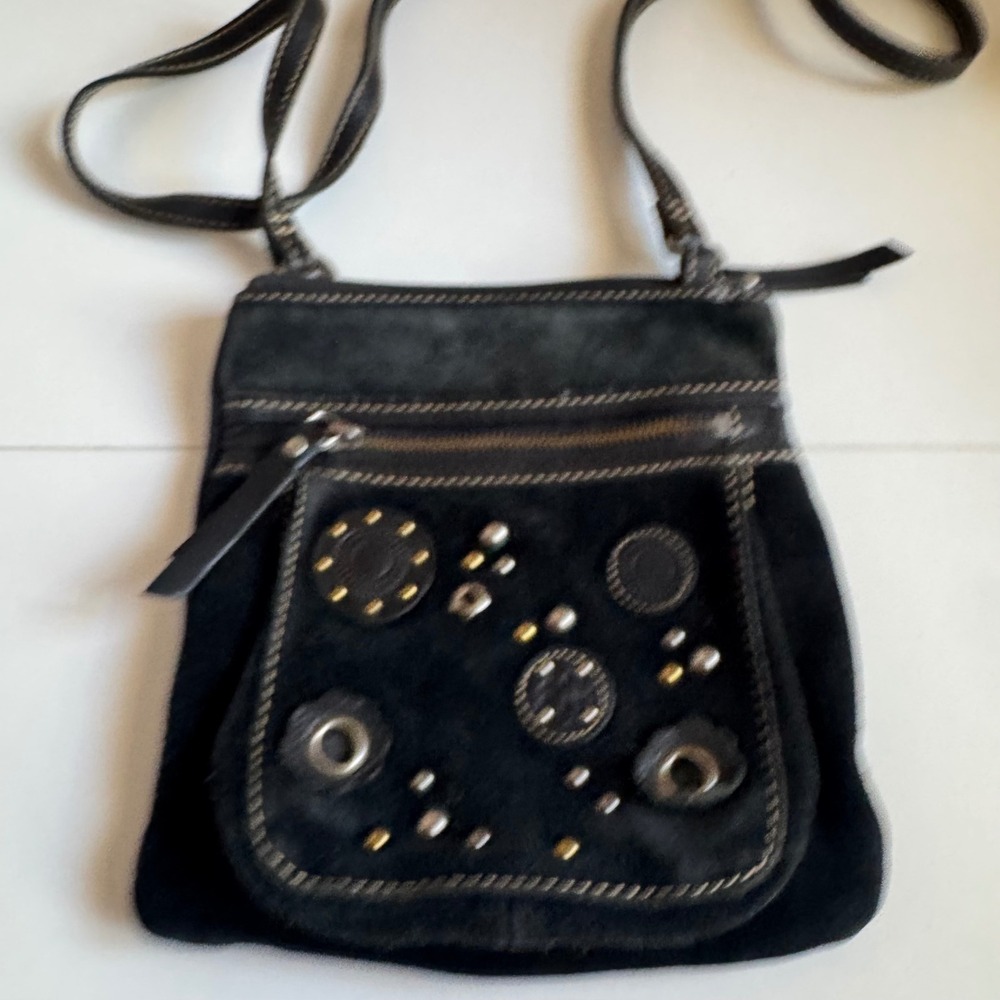 Fossil Black Suede Leather Studded Boho Crossbody Bag Mixed Metal Floral